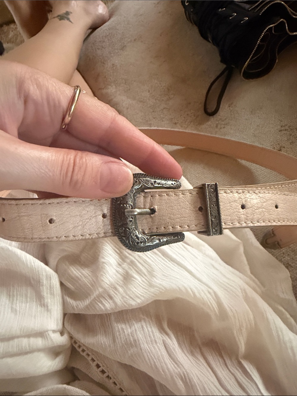 Free People Cream Leather Belt with Engraved Silver Buckle western - Picture 2 of 7